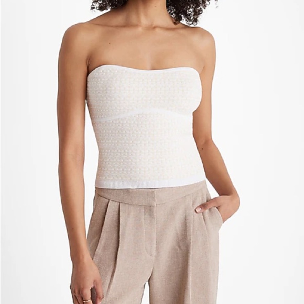 Express Beige and White Strapless Dress
